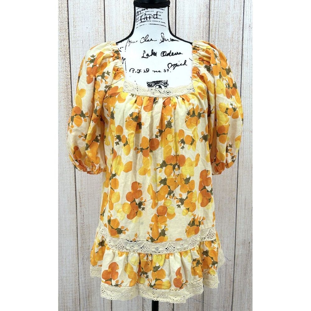 Artelier Nicole Miller Peasant Top Size Small Yellow Linen Blend Crochet Fruit‎
